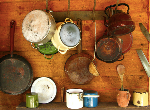 old pots and pans hanging