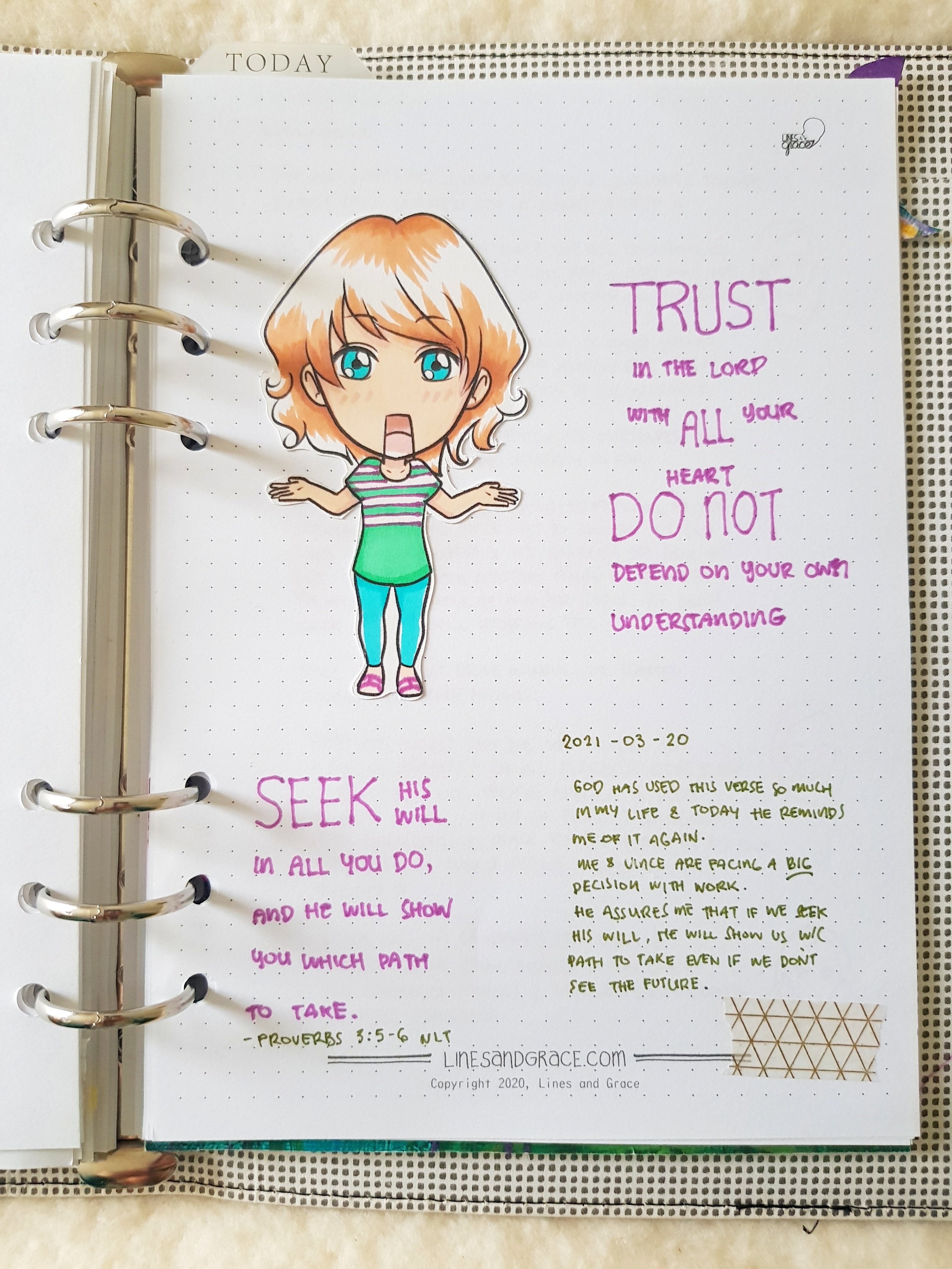 A journal page using a colored in character from the Illustrated Life Story Journal printable