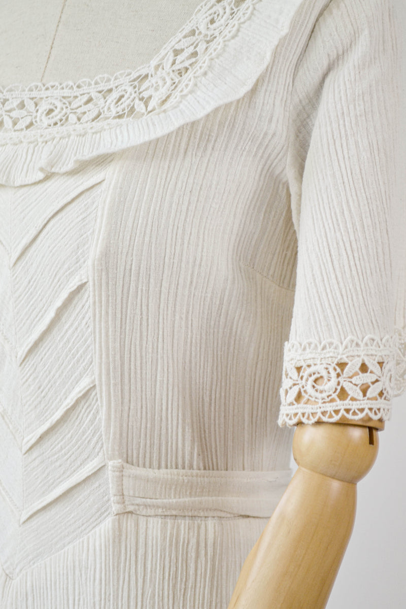 1970s Vintage bohemian crinkled cotton dress - Size S/M