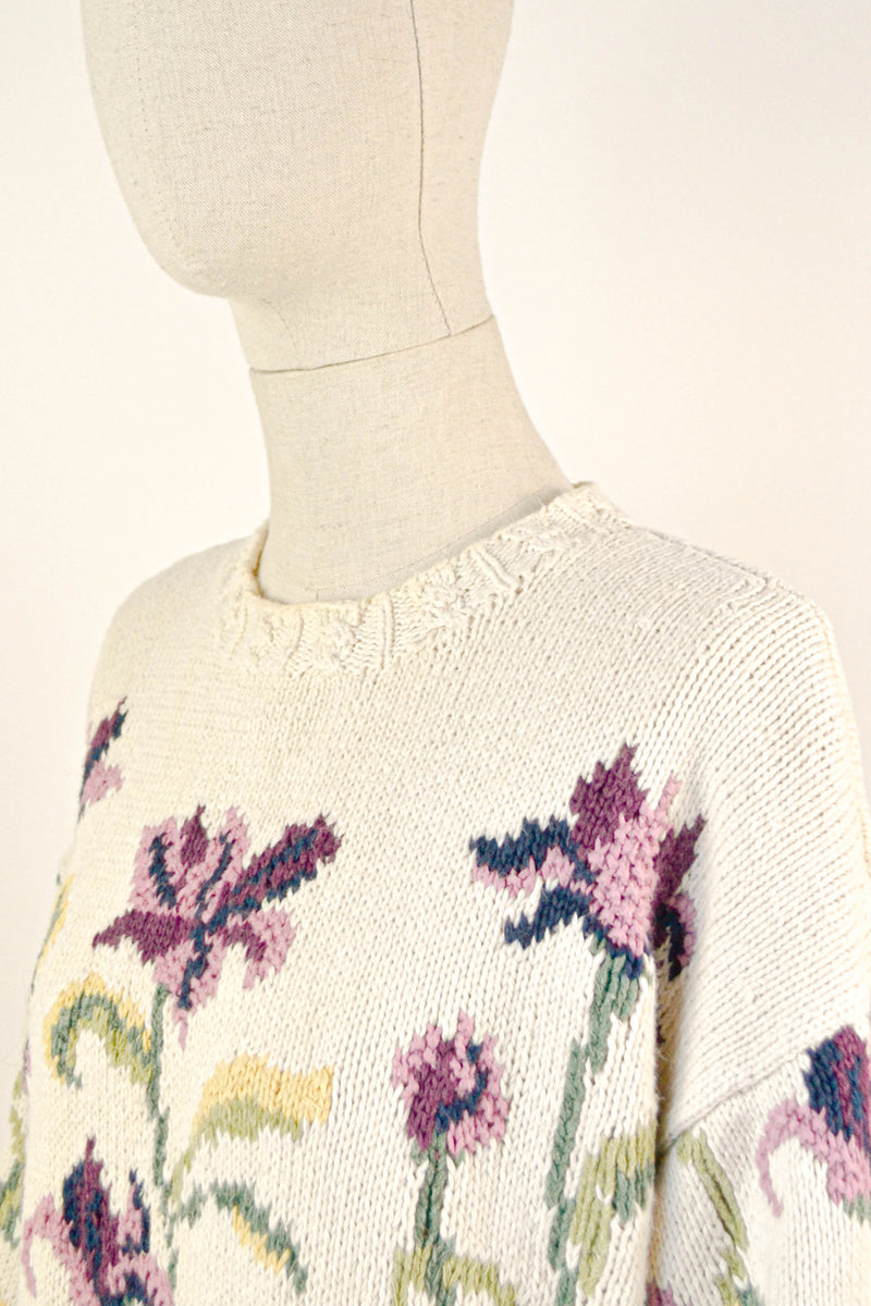 SWEET FLOWERS - 1990s Vintage Floral Embroidered Jumper - Size M/L