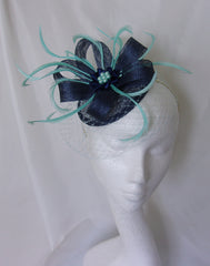 black & aqua mini aurora feather & veil fascinator hat #ascot