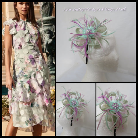 lavender lilac and plae green little fascinator with feathers