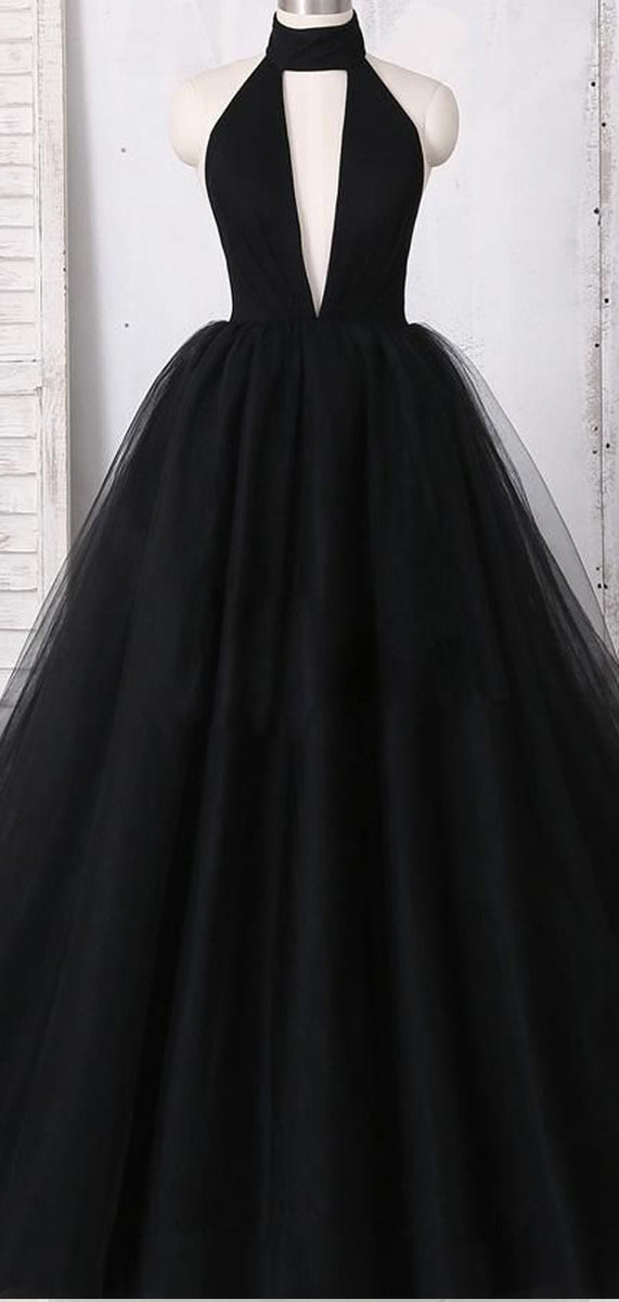 Pretty Black Halter Tulle Ball Gown Open Back A Line Long Prom Dresses ...