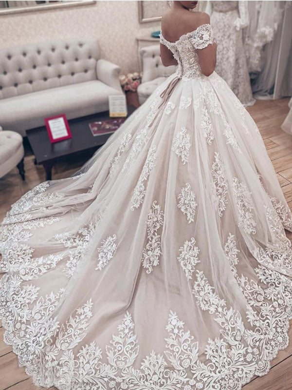 Gorgeous Off The Shoulder Lace Applique Ball Gown Train Long Wedding D ...