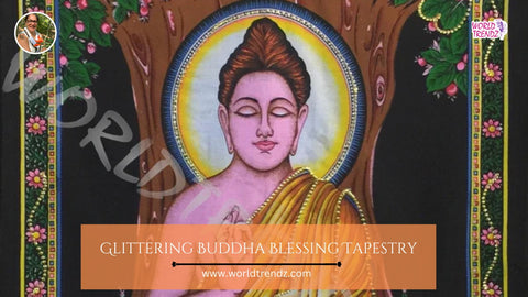 Sequined tapestry depicting a Buddha Blessing Deity, with intricate detailing and vibrant colors.