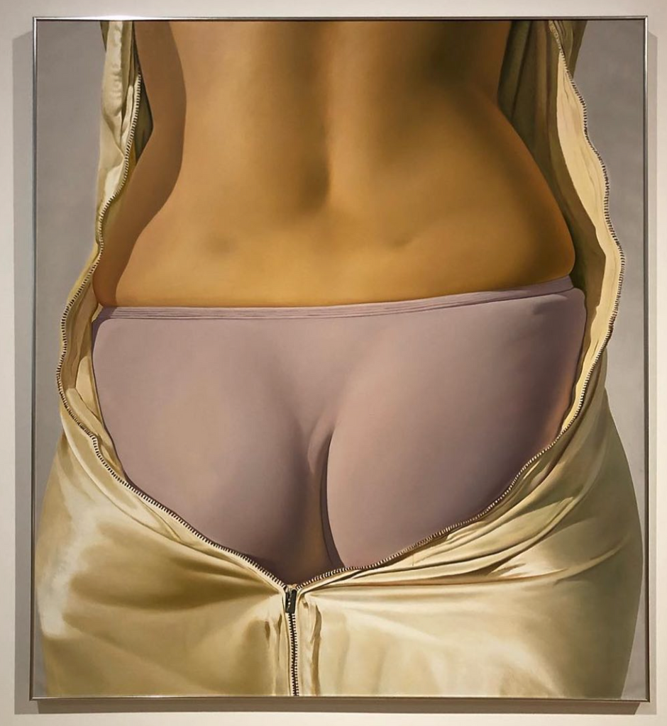 A painting of a woman wearing lavender panties.