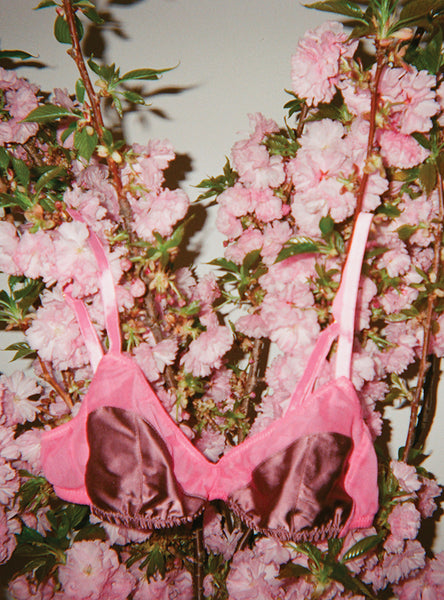 A pink bra hanging from pink flowers.