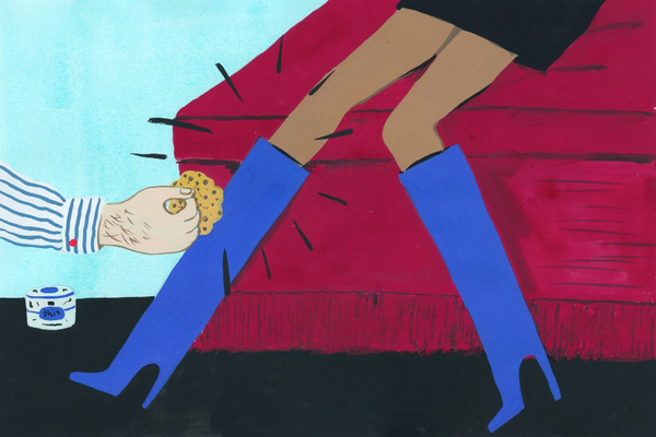 Illustration of a woman in blue boots being cleaned.