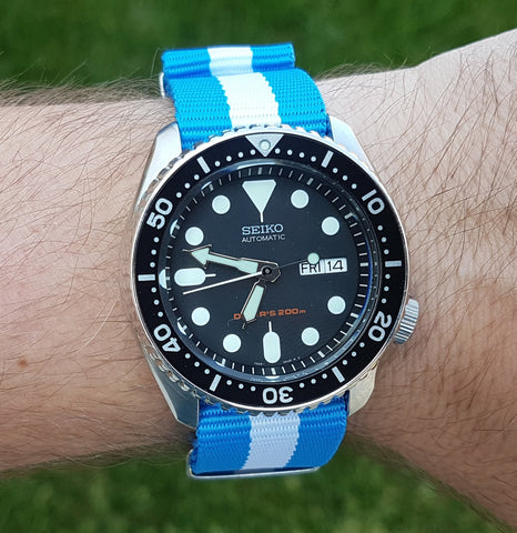 Seiko SKX007 on a 22mm Blue with White Strip Nato from Watch Off The Cuff