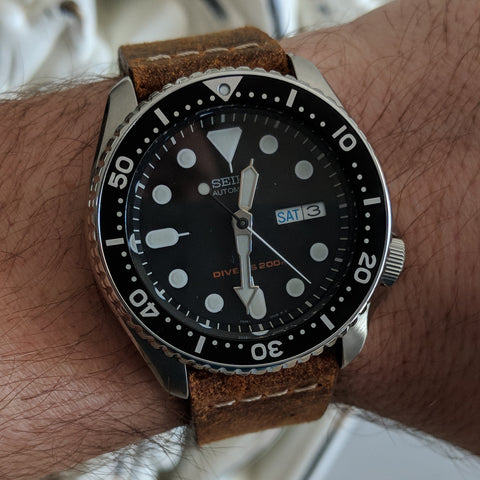 Seiko SKX007 on a 22mm Vintage Style Brown Leather Strap 