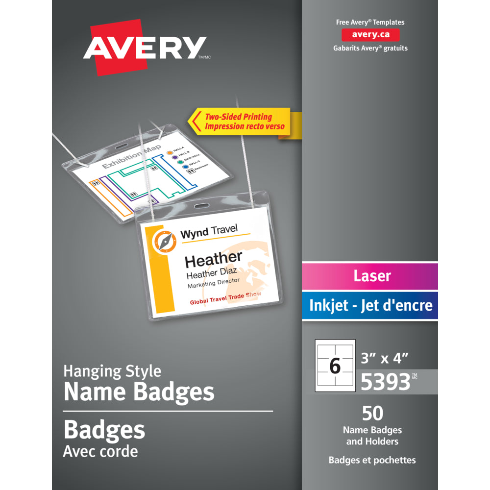 Image of Avery Convention Style Laser/Inkjet Name Badge Kit - 3" x 4" - 50 Pack