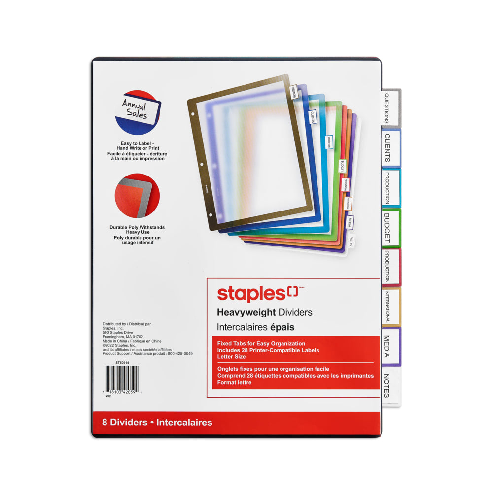 Image of Staples Better Print & Apply Label Plastic Dividers Set - 8-Tabs - Assorted Colours