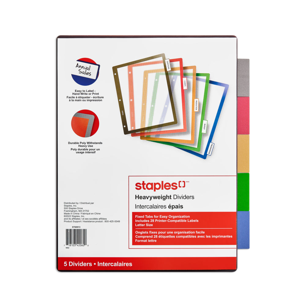 Image of Staples Better Print & Apply Label Plastic Dividers Set - 5-Tabs - Assorted Colours