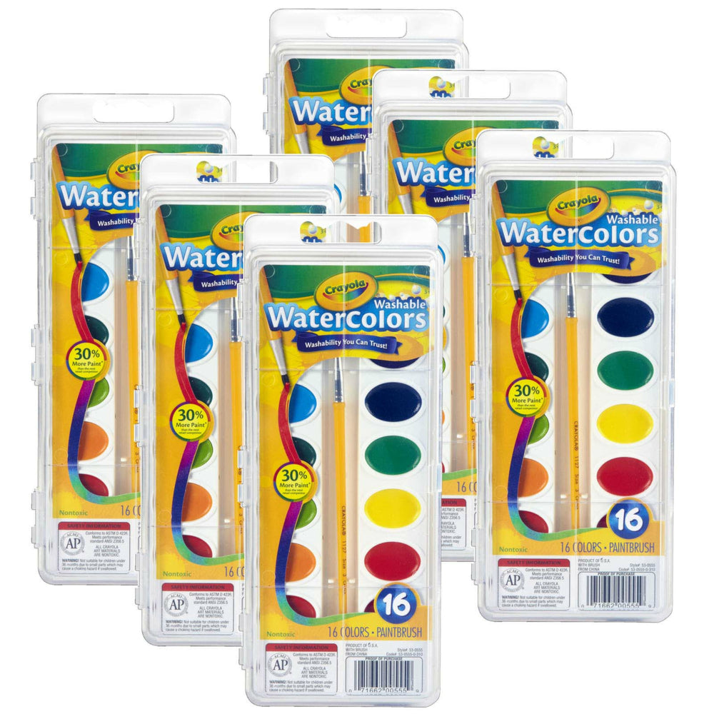 Image of Crayola Washable WaterColours - 16 Semi-Moist Oval Pans & Brush - 6 Pack