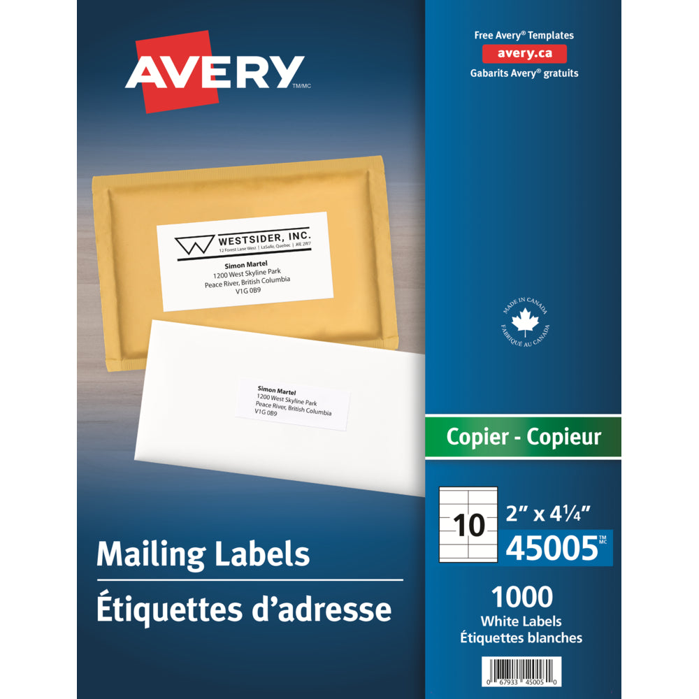 Image of Avery Address Labels for Copiers - White - 4-1/4" x 2"- 1000 Pack