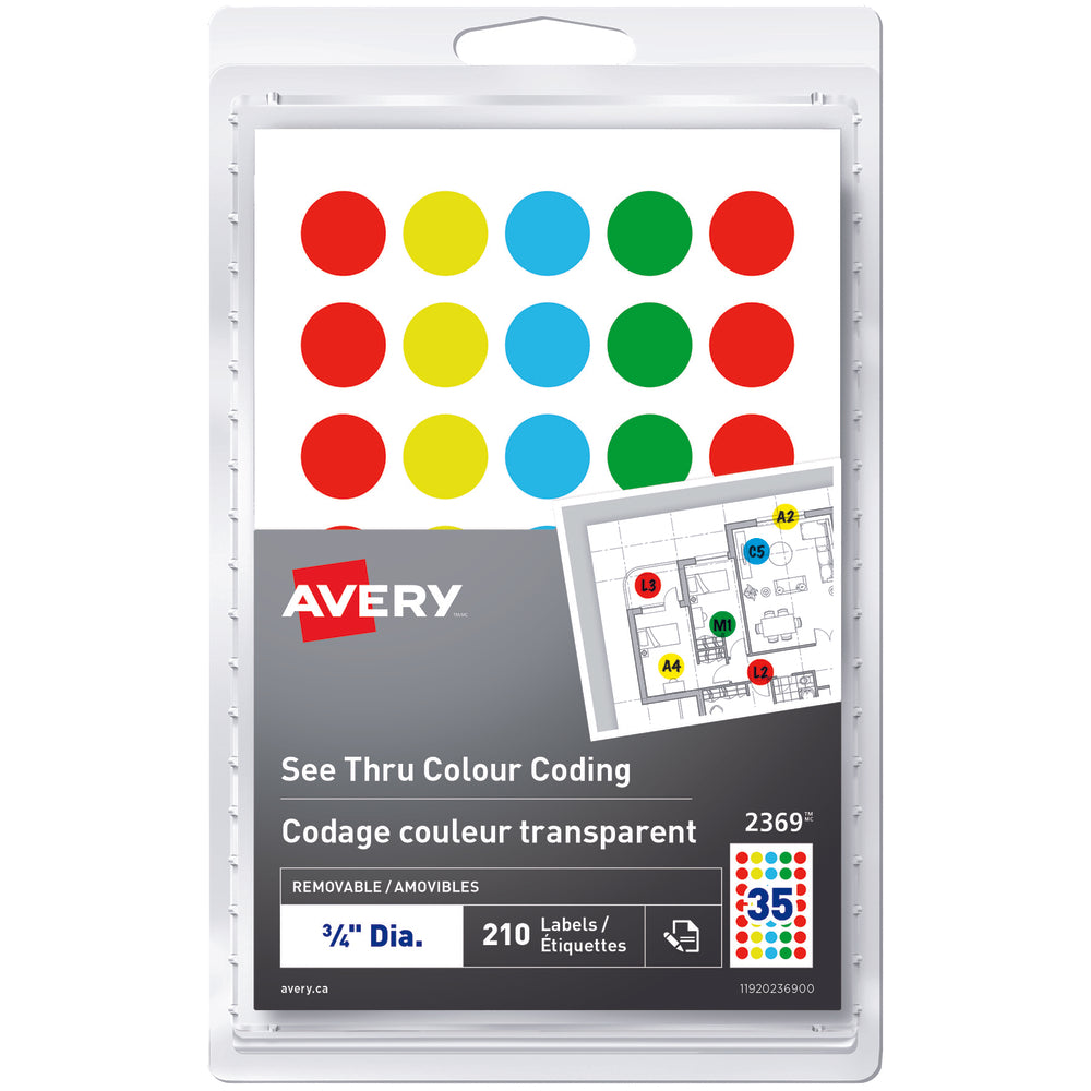 Image of Avery See Thru Removable Colour-Coding Labels, 3/4" Round, Assorted, 210 Pack (2369)