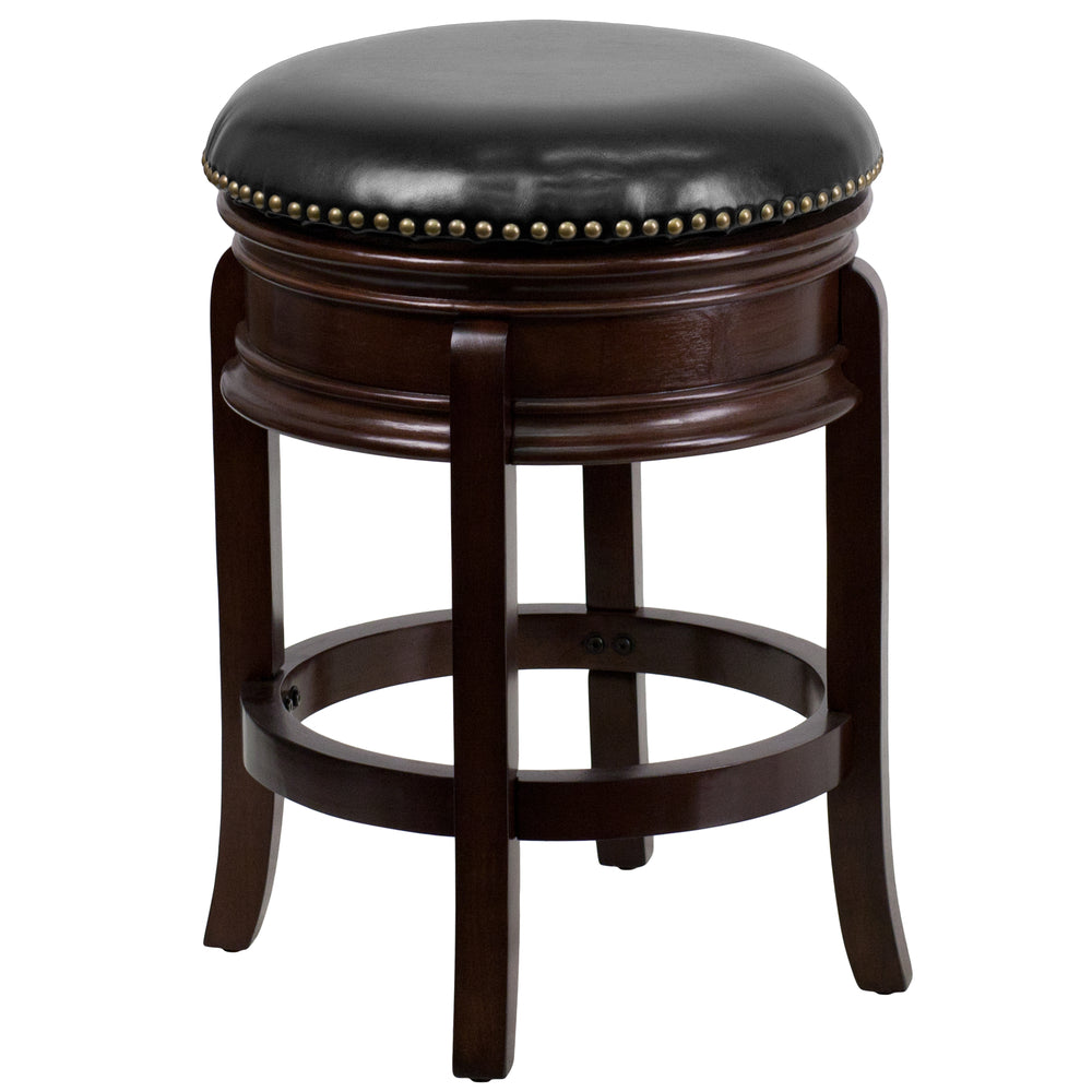 Image of Flash Furniture 24" High Backless Wood Counter Height Stool with Carved Apron & Black Leather Swivel Seat - Cappuccino