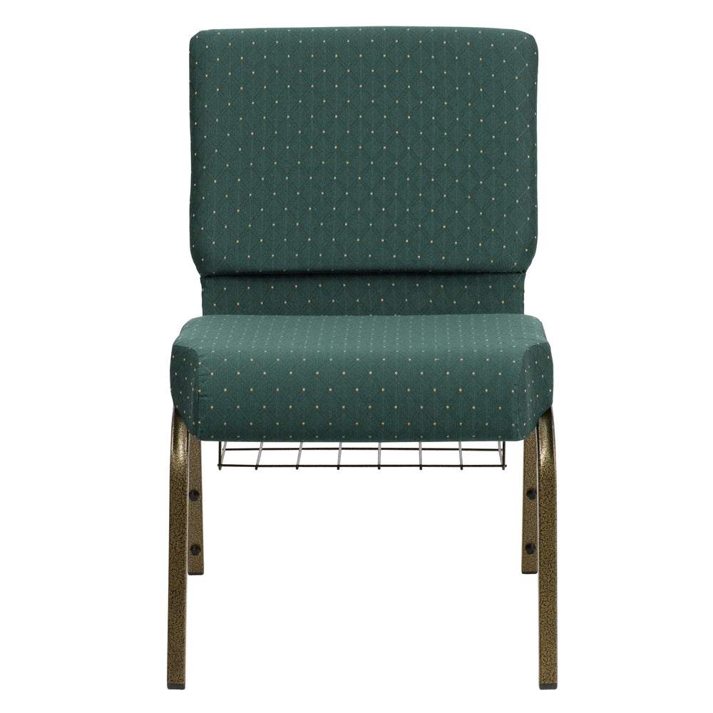Image of Flash Furniture HERCULES Series 21"W Church Chair in Hunter Green Dot Patterned Fabric with Book Rack - Gold Vein Frame