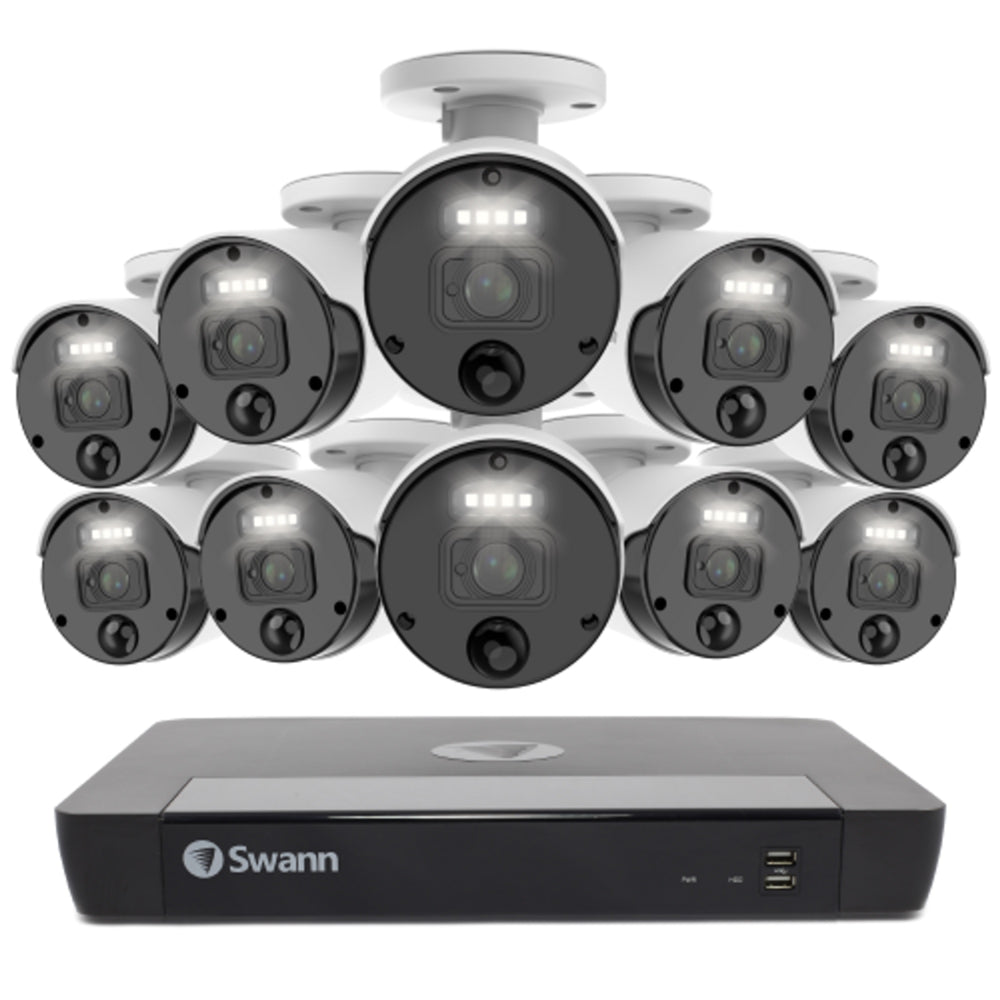 Image of Swann Master 4K 16-Channel NVR Security System with 10 Heat/Motion Detection Spotlight Bullet Cameras, Black_White