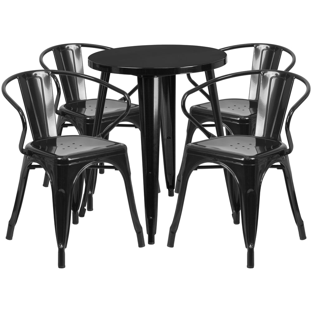 Image of 24" Round Black Metal Indoor-Outdoor Table Set with 4 Arm Chairs (CH-51080TH-4-18ARM-BK-GG)