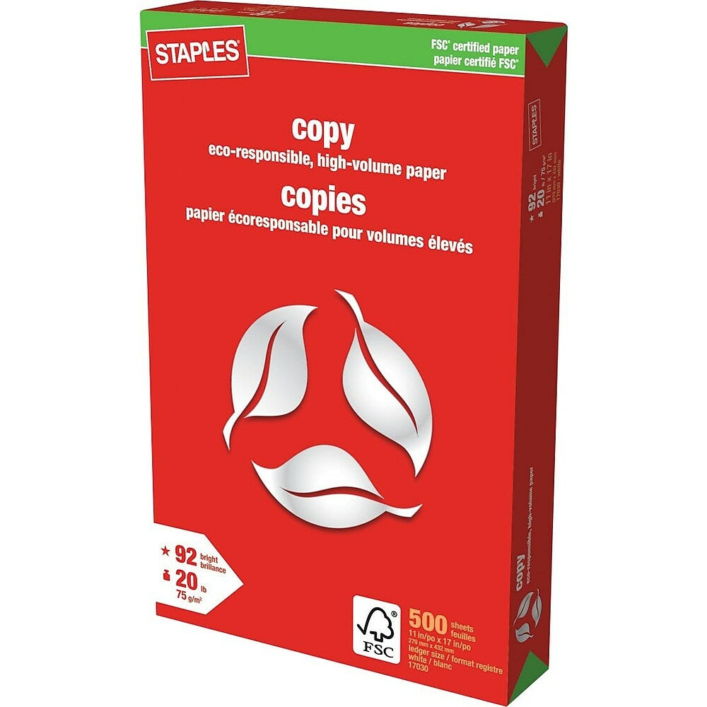 Image of Staples FSC-Certified Copy Paper - 20 lb. - 11" x 17" - White - 500 Sheets