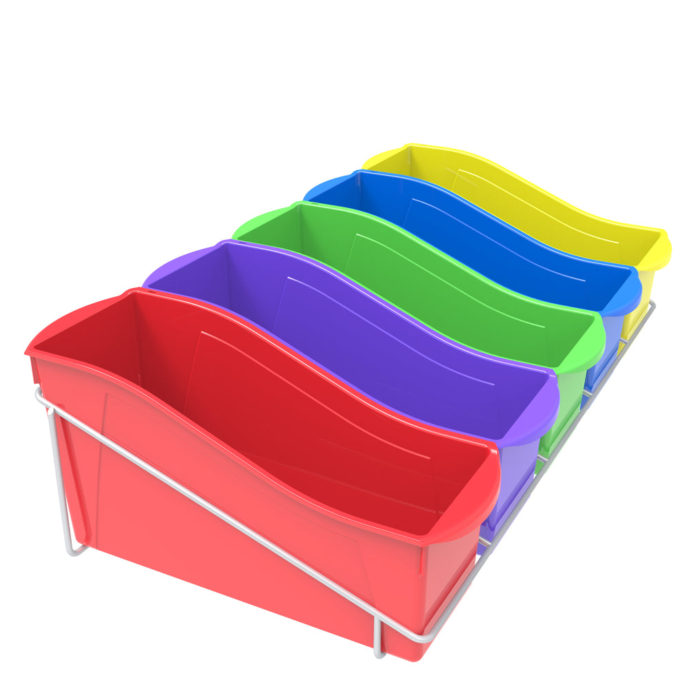 Image of Storex Large Book Bins - Metal Shelf Rack Included - Assorted Colours - Set of 5, Multicolour, 5 Pack