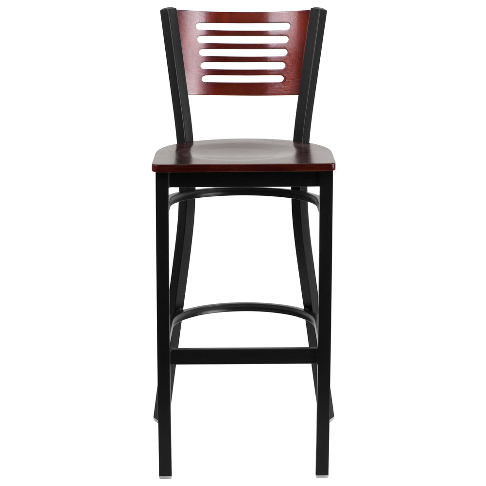 Image of Flash Furniture HERCULES Series Black Slat Back Metal Restaurant Barstool - Mahogany Wood Back & Seat