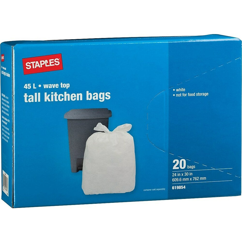 Image of Staples Tall Kitchen Garbage Bags, Wave Top, White, 24" x 30", 20-Pack, 20 Pack