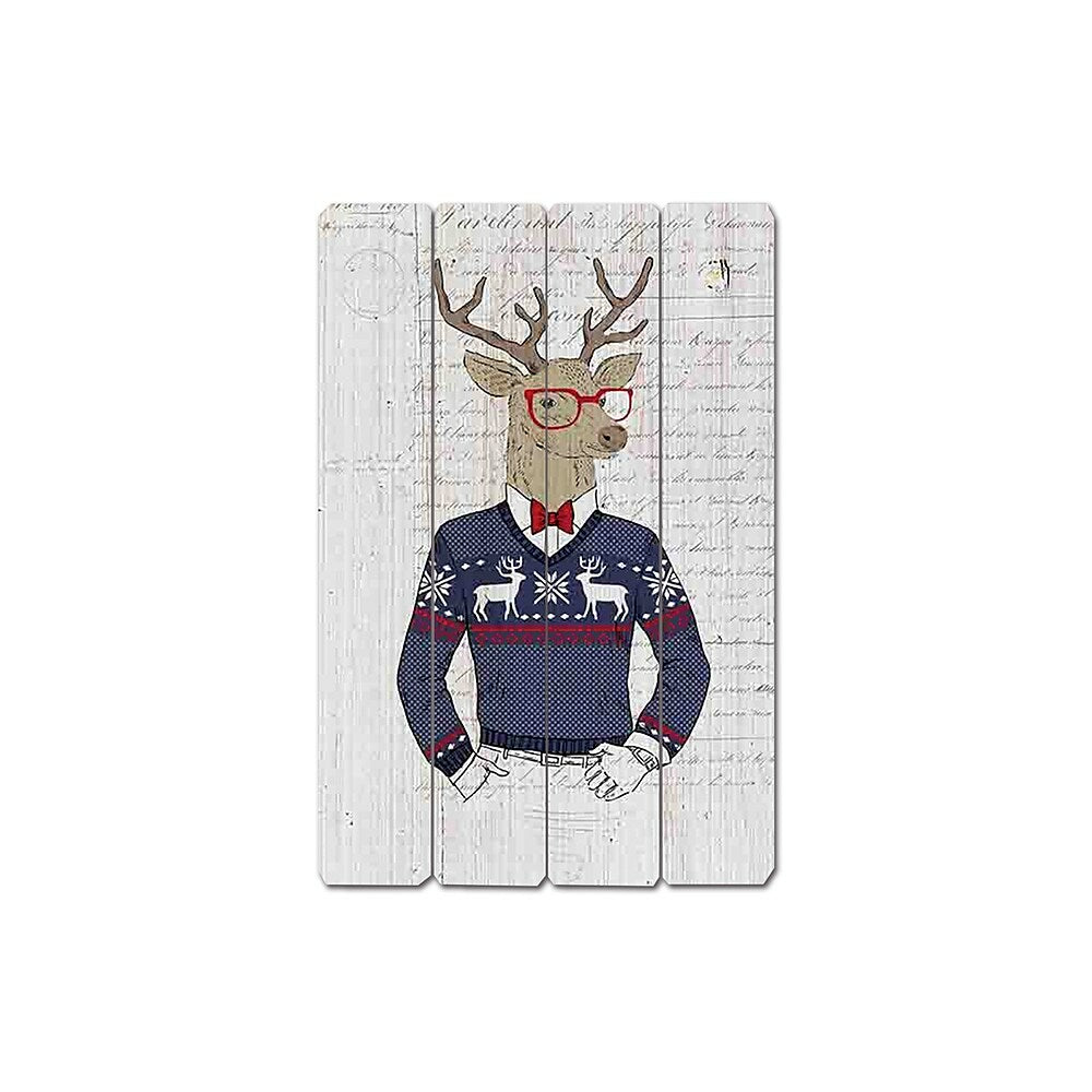 Image of Sign-A-Tology Blue Sweater Funky Deer (Newspaper) Wooden Sign - 24" x 16"
