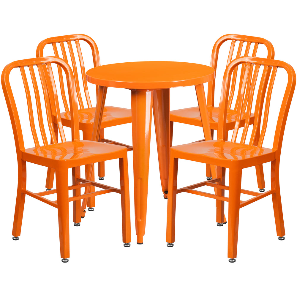Image of 24" Round Orange Metal Indoor-Outdoor Table Set with 4 Vertical Slat Back Chairs [CH-51080TH-4-18VRT-OR-GG]