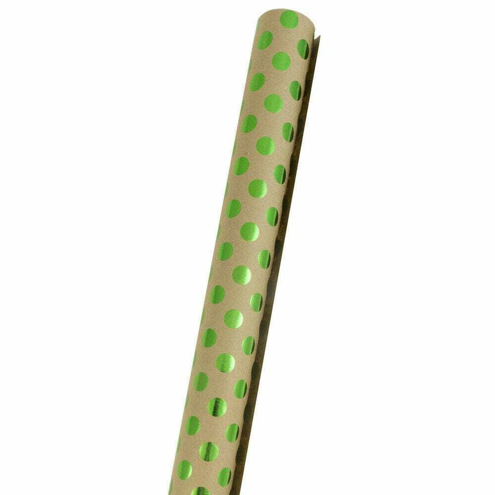 Image of JAM Paper Gift Wrap - Kraft Wrapping Paper - 50 Sq Ft Total - Green Foil Polka Dots on Brown Kraft Paper - 2 Rolls/Pack