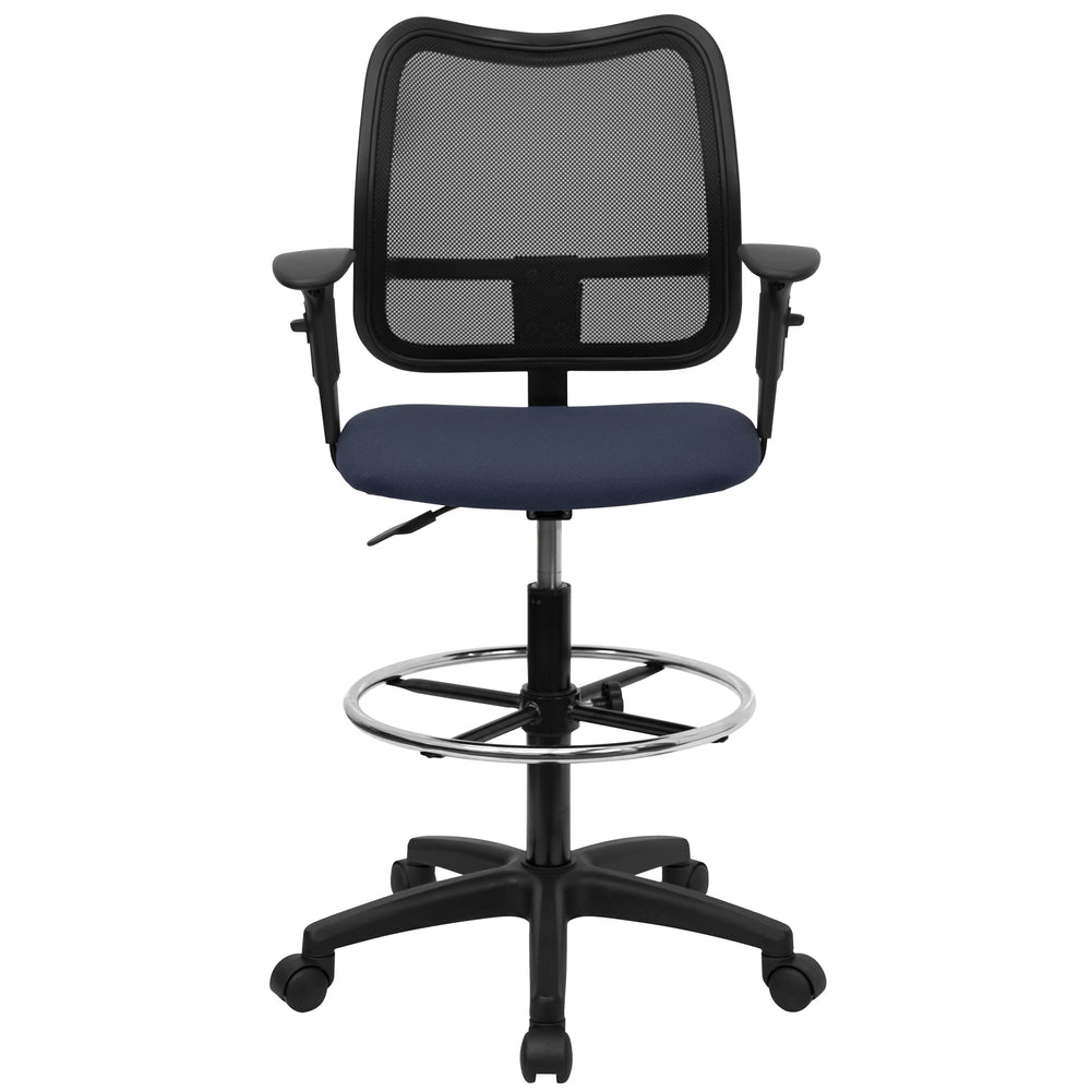 Image of Flash Furniture Mid-Back Navy Blue Mesh Drafting Chair with Adjustable Arms