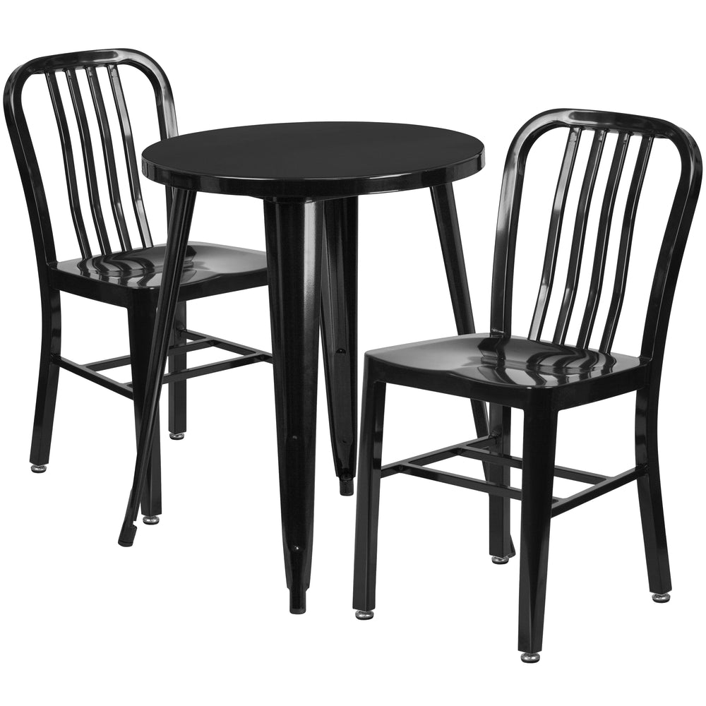 Image of 24" Round Black Metal Indoor-Outdoor Table Set with 2 Vertical Slat Back Chairs [CH-51080TH-2-18VRT-BK-GG]