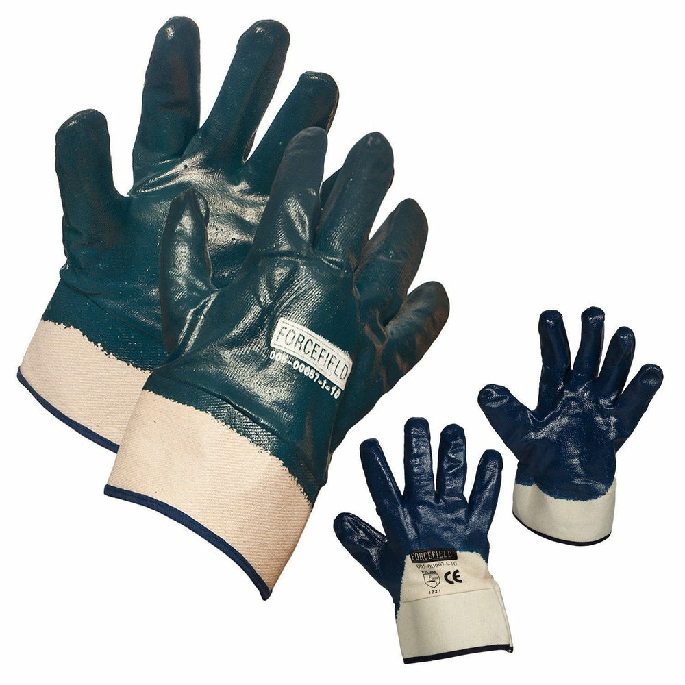 Image of Forcefield Blue Nitrile Fully Coated Work Gloves - Cotton Supported - Safety Cuff - One Size - Pair