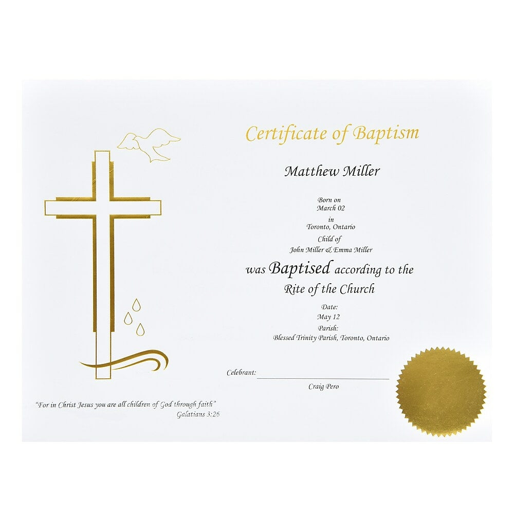 Image of St. James Baptism Certificate, Gold Foil Engraved Design on 65lb White Card, 50 Pack