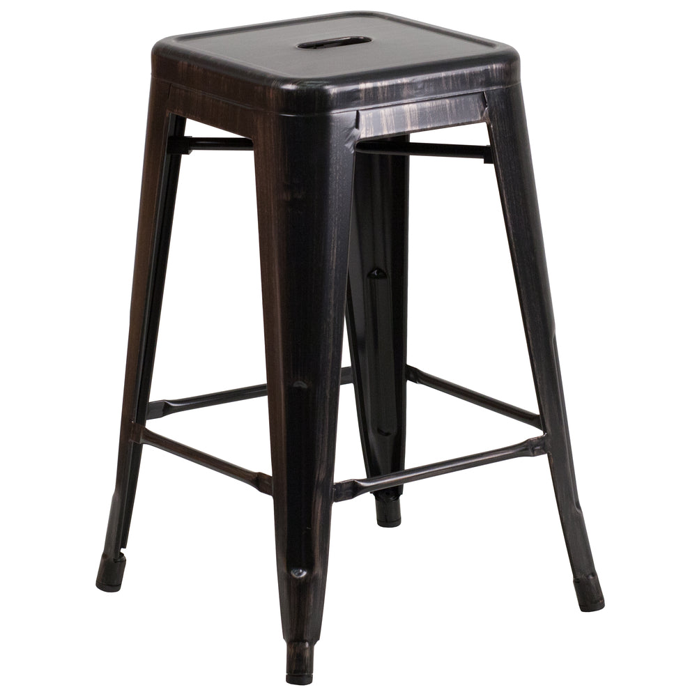 Image of Flash Furniture 24" High Backless Black-Antique Gold Metal Indoor-Outdoor Counter Height Stool with Square Seat