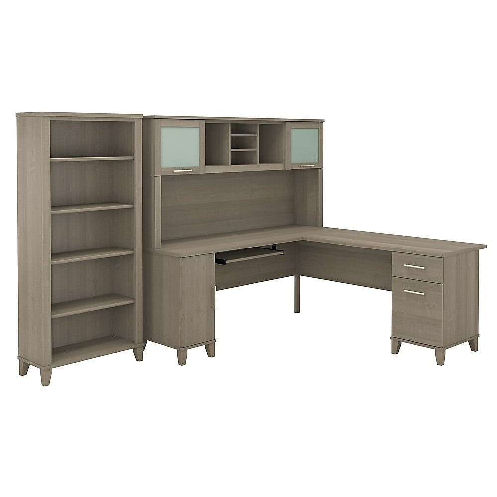 Image of Bush Furniture Somerset 72W L Shaped Desk with Hutch and 5 Shelf Bookcase, Ash Grey (SET011AG)
