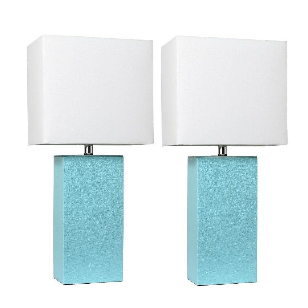 Image of Elegant Designs 60 Watt Type A 19 Medium Base Bulb 2 Pack Modern Leather Table Lamps with White Fabric Shades - Aqua