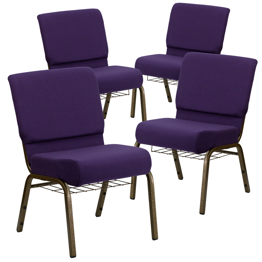 Image of Flash Furniture HERCULES 21"W Church Chair in Royal Purple Fabric with Cup Book Rack - Gold Vein Frame