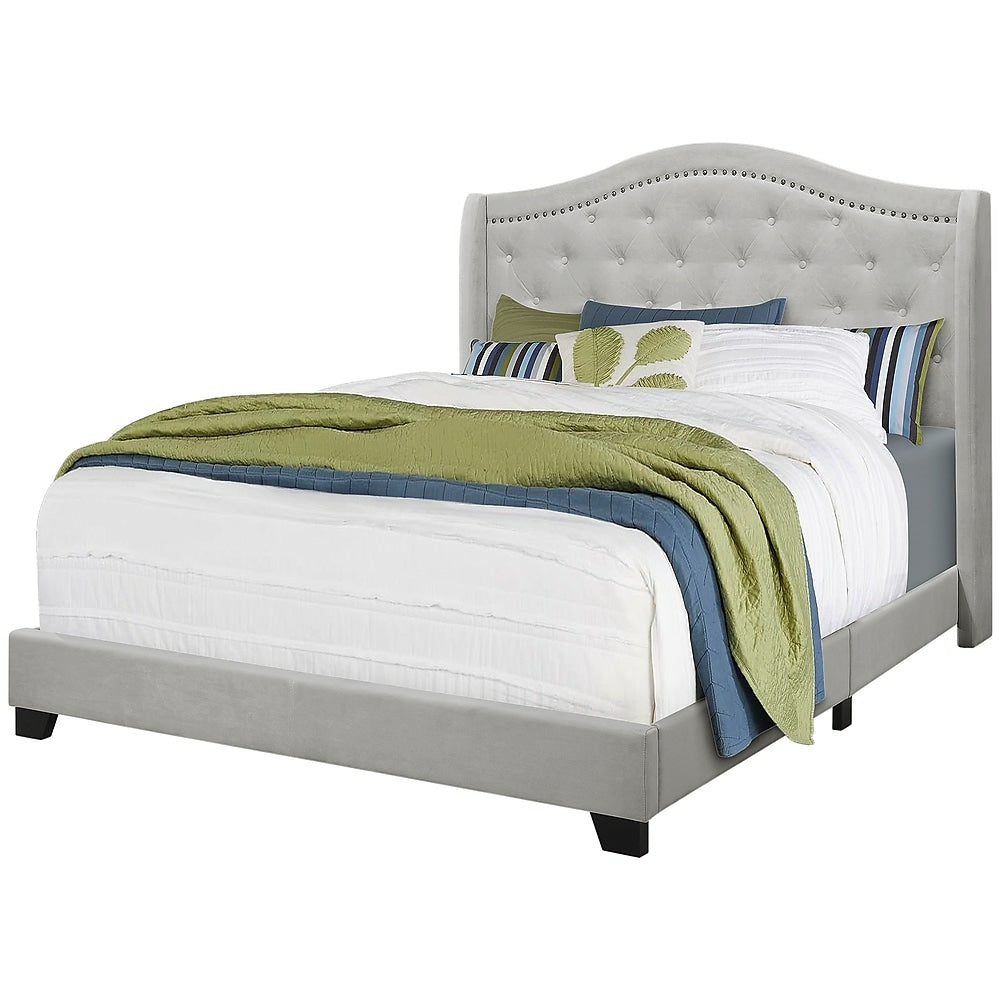 Image of Monarch Specialties - 5967Q Bed - Queen Size - Platform - Bedroom - Frame - Upholstered - Velvet - Wood Legs - Grey