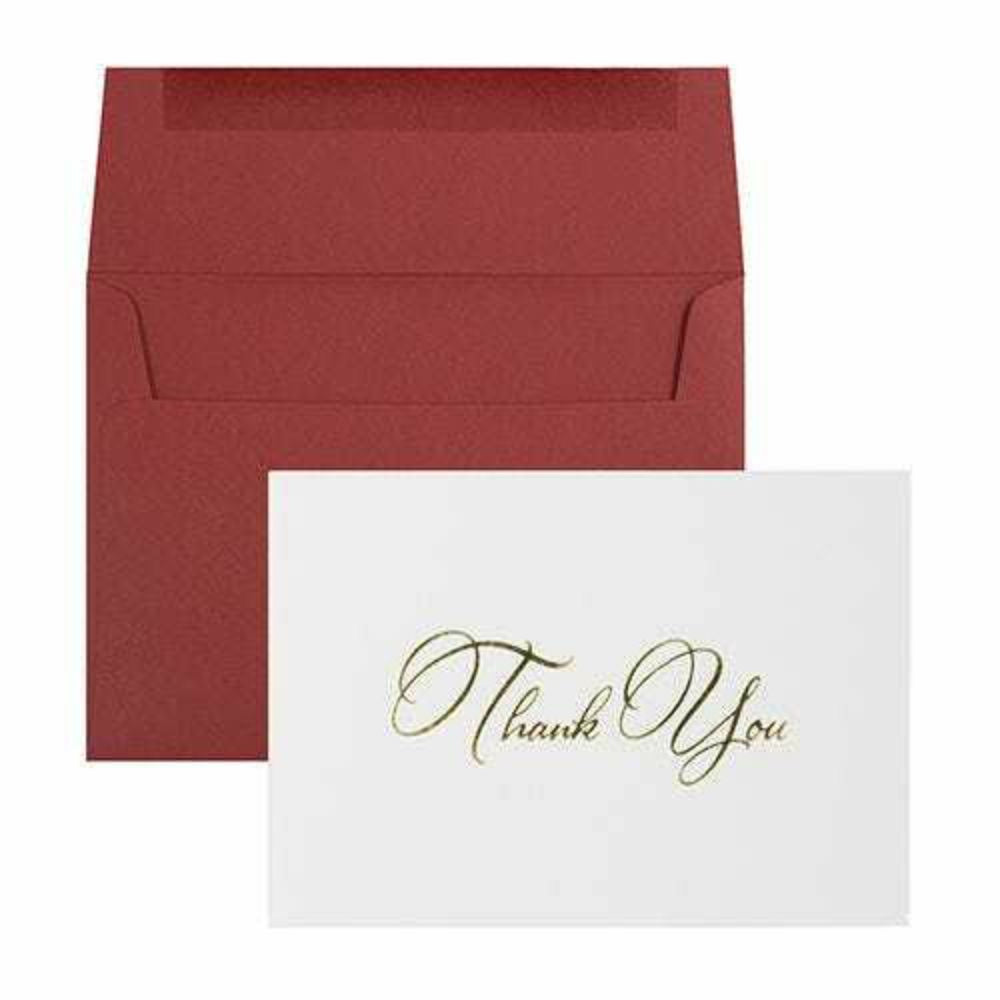 Image of JAM Paper Thank You Card Sets - White Care with Gold Script & Dark Red Envelopes - 25 Cards and Envelopes