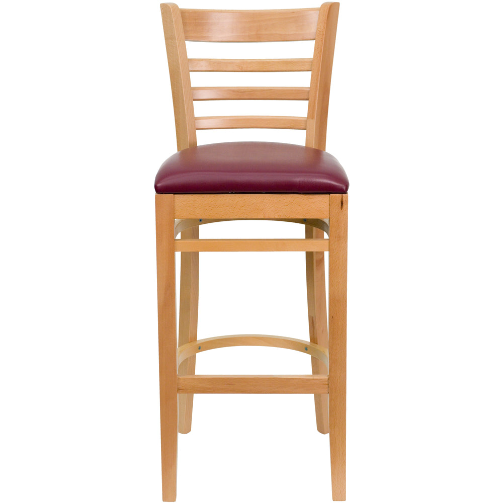 Image of Flash Furniture HERCULES Ladder Back Walnut Wood Restaurant Barstool - Burgundy Vinyl Seat - 2 Pack