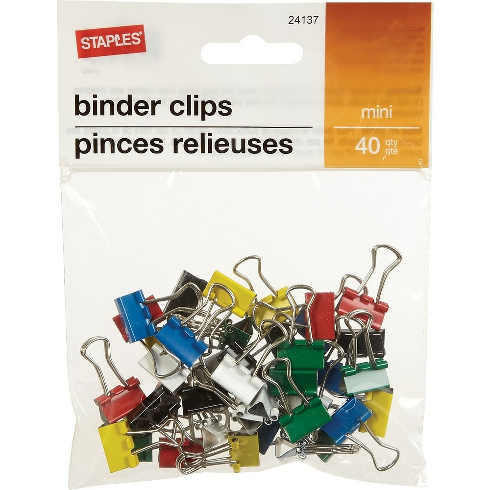 Image of Staples Binder Clips - Mini 3/5" - Assorted Classic Colours - 40 Pack