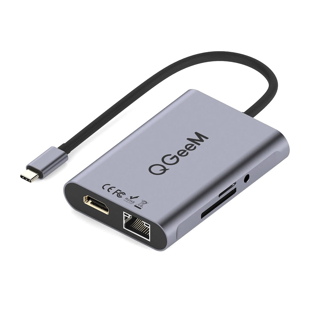 Image of QGeeM 8-in-1 4K Hub Adapter - USB C to HDMI Type C to Ethernet 1G - USB C to USB 3.0 - 3.5mm AUX - Type C Card Reader, Grey