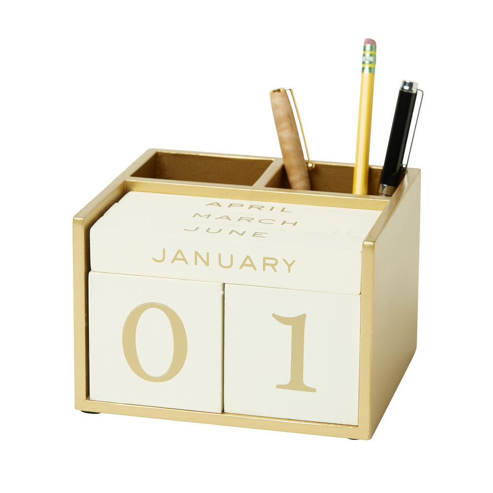 Image of Martha Stewart Perpetual Calendar with Pencil Cup - Gold & Beige