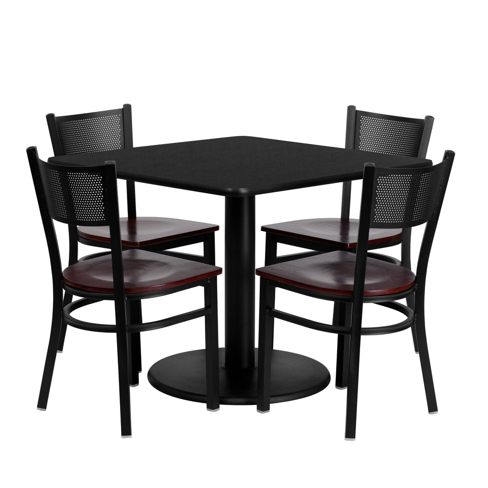 Image of Flash Furniture 36" Square Black Laminate Table Set with Round Base and 4 Grid Back Metal Chairs, Mahogany Wood Seat