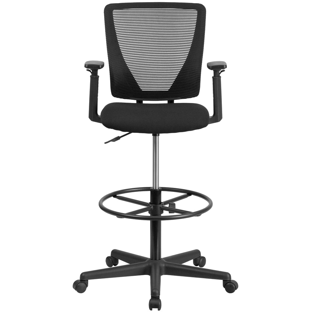 Image of Flash Furniture Ergonomic Mid-Back Mesh Drafting Chair with Black Fabric Seat, Adjustable Foot Ring & Adjustable Arms