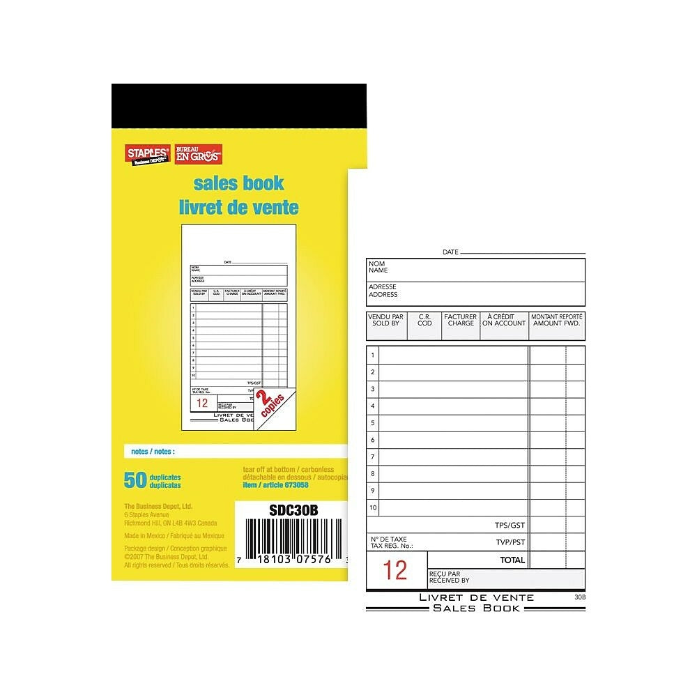 Image of Staples Bilingual Sales Book - Duplicates - Carbonless - 3" x 7"