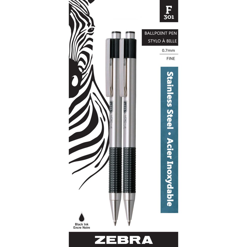 Image of Zebra F-301 Retractable Ballpoint Pen, Fine Tip, Black, 2 Pack