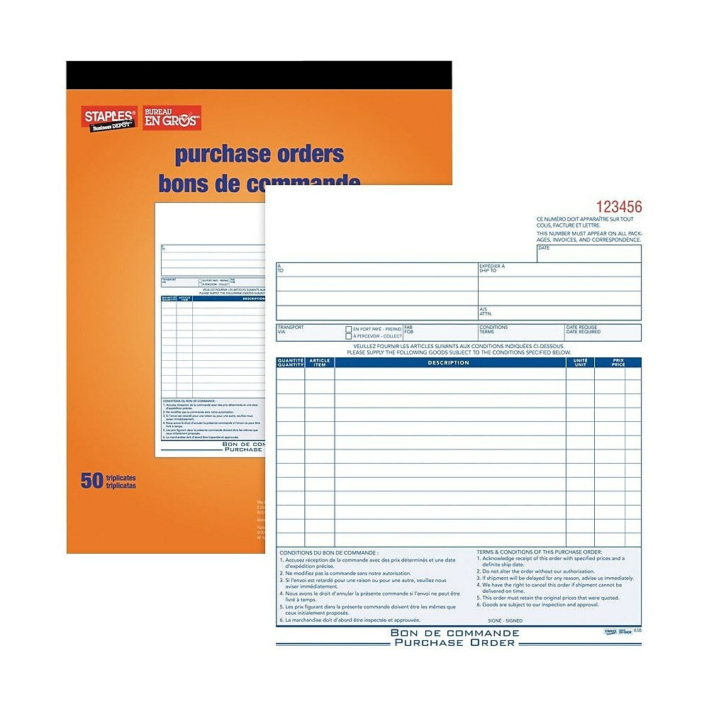 Image of Staples Bilingual Purchase Order Form - STC83B - Triplicates - Carbonless - Staple Bound - 8" x 10"